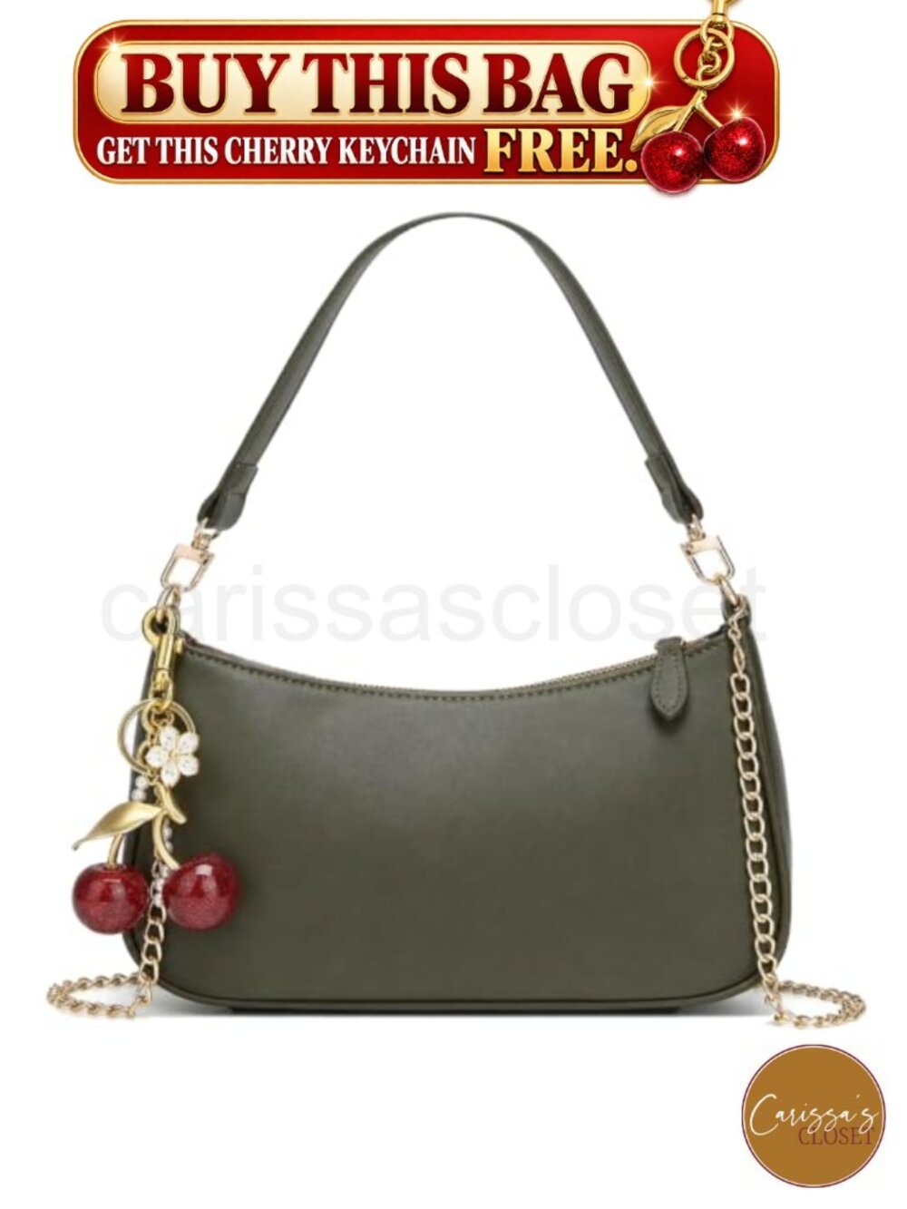 ✨PU Leather Shoulder Bag with Cherry Charm & Chain Strap Hobo Purse